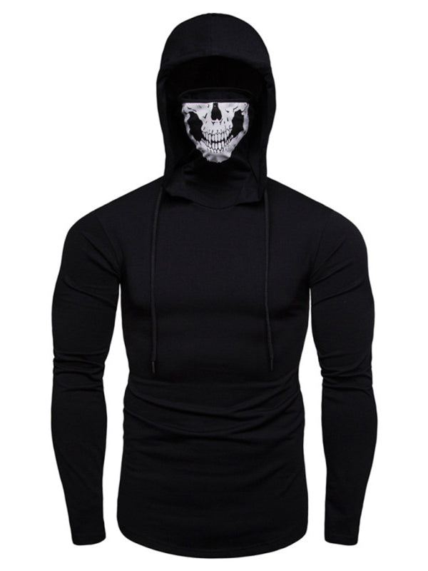 Men's new fitness cycling elastic mask skull print hooded pullover long-sleeved T-shirt