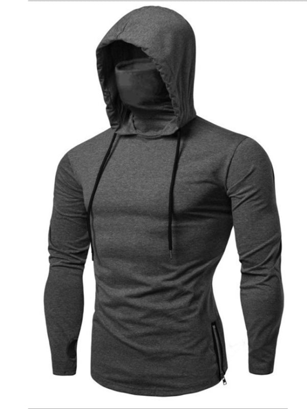 Men's new fitness cycling solid color elastic mask hooded pullover long-sleeved T-shirt sweatshirt