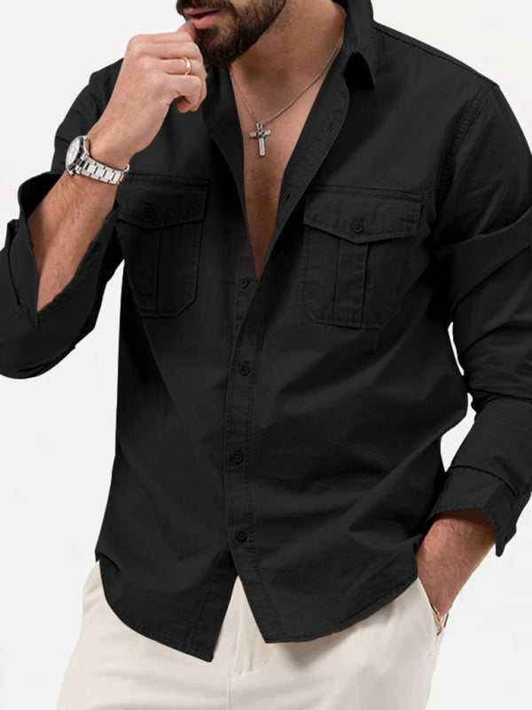 Men's new multi-pocket casual long-sleeved shirt top