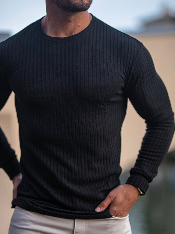 Fitness casual elastic vertical stripe round neck long-sleeved T-shirt