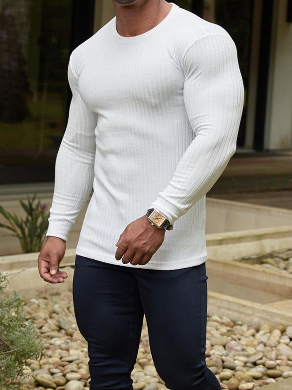 Fitness casual elastic vertical stripe round neck long-sleeved T-shirt