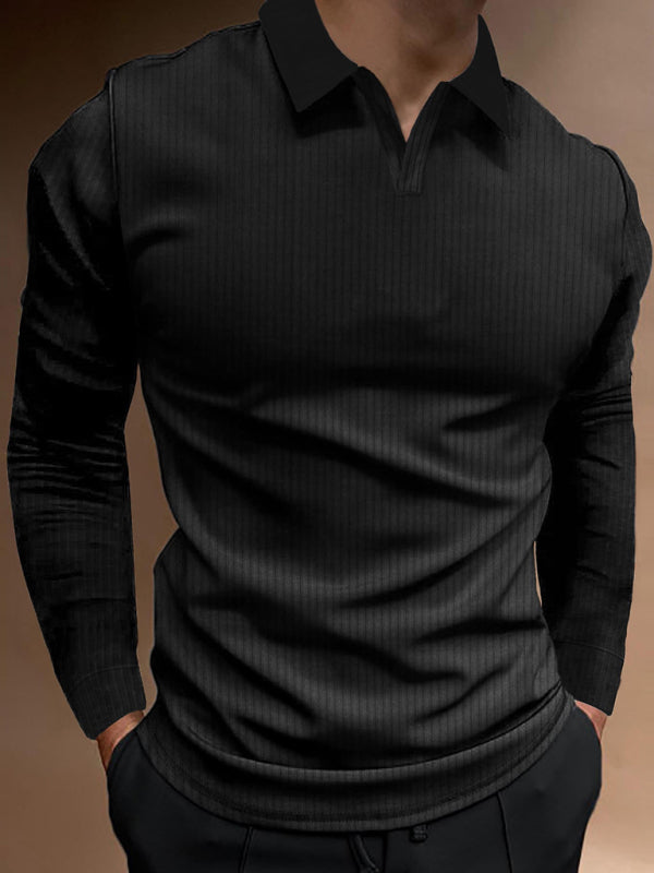 Casual stand-up collar stretch vertical strip long-sleeve V-neck POLO