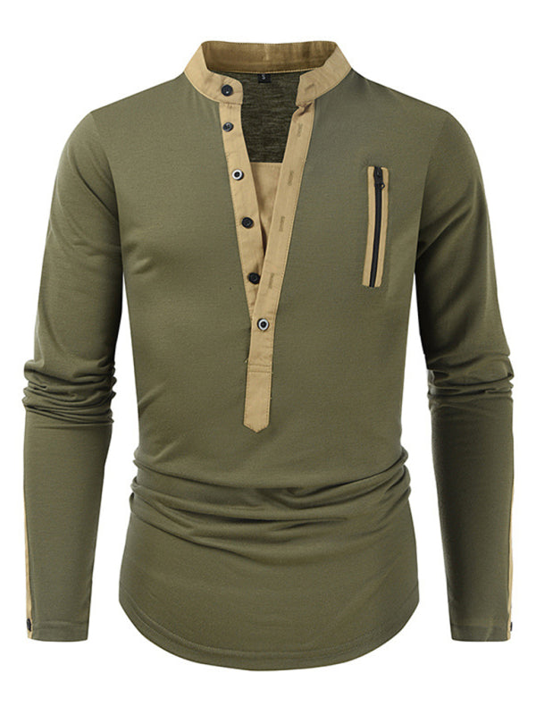 Men's New Outdoor Tactical Zipper Colorblock Henley Collar Long Sleeve T-Shirt