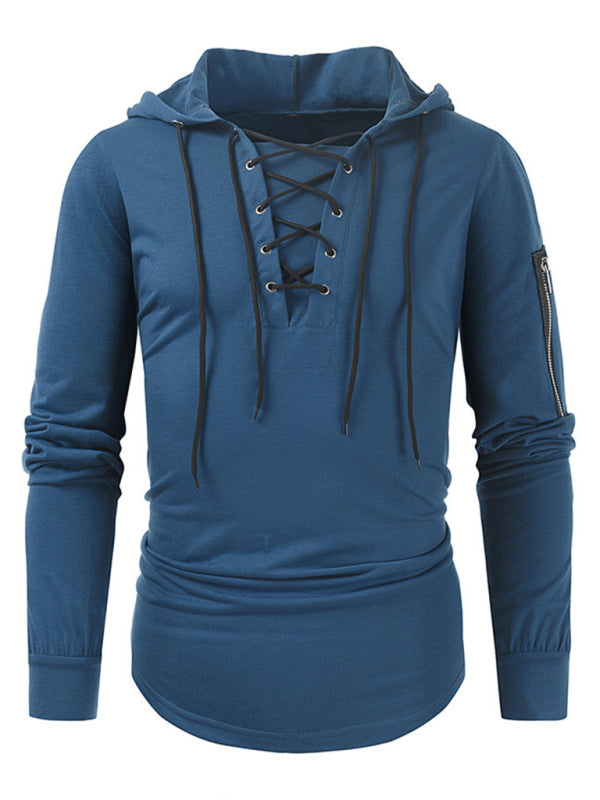 Men's new solid color lace-up sports casual pullover hooded sweatshirt