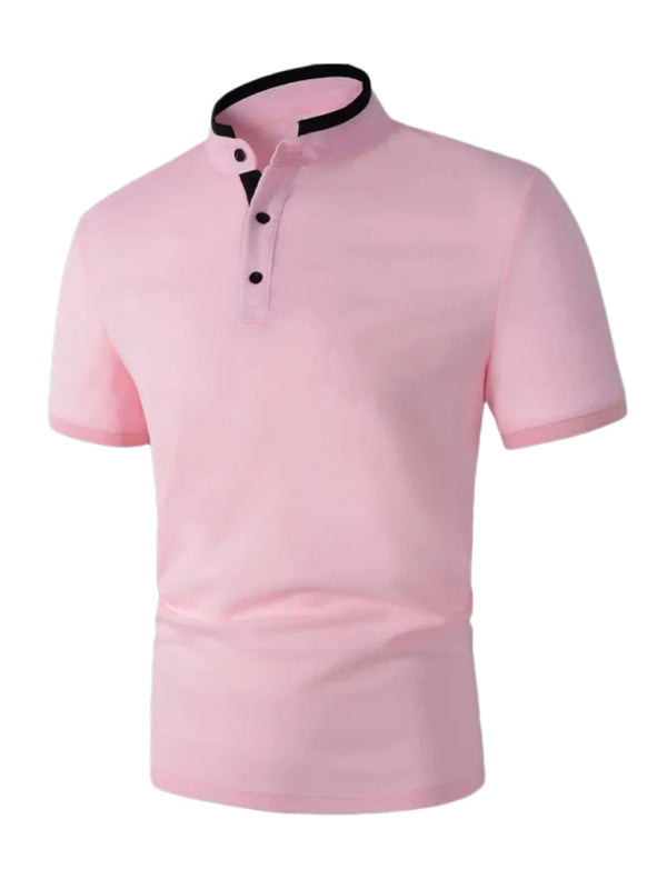 Men's solid color short -sleeved stand -up neck knitted POLO shirt