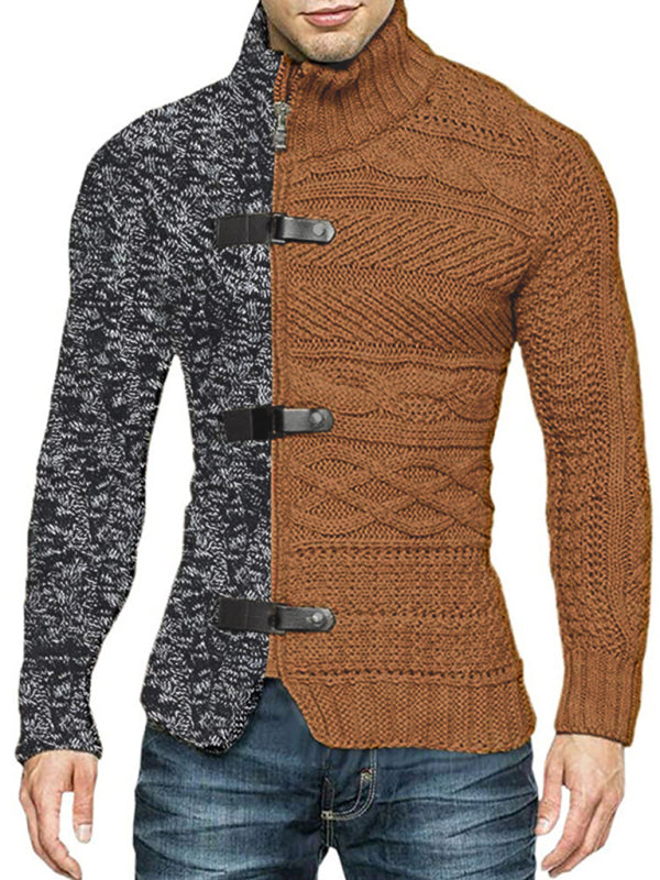 Men's high -necked color skin buckle long -sleeved knit sweater cardigan