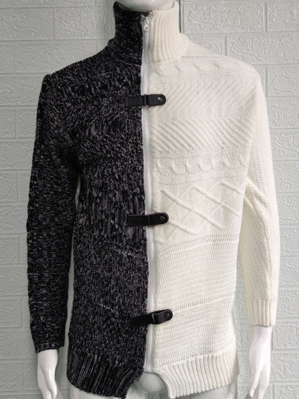 Men's high -necked color skin buckle long -sleeved knit sweater cardigan