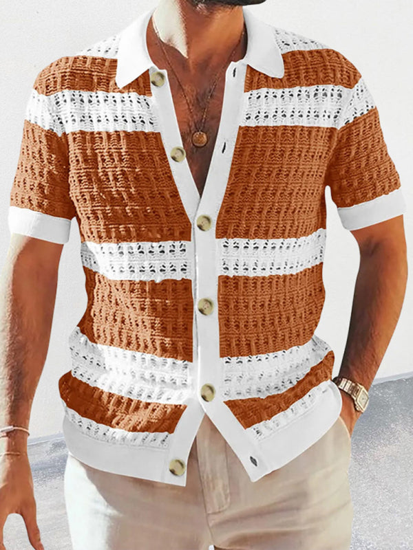 Men's new lapel short-sleeved color-blocked cardigan