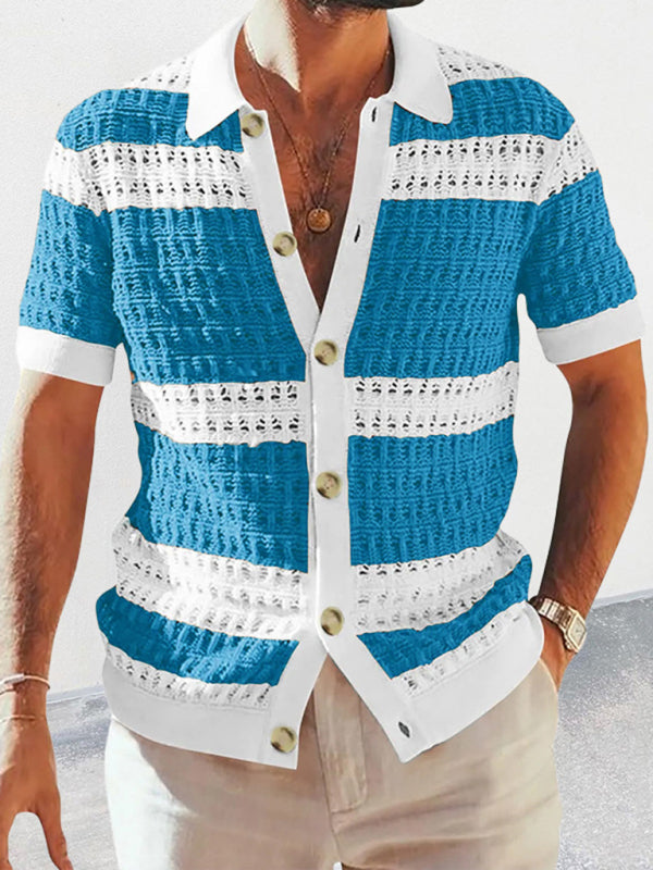 Men's new lapel short-sleeved color-blocked cardigan