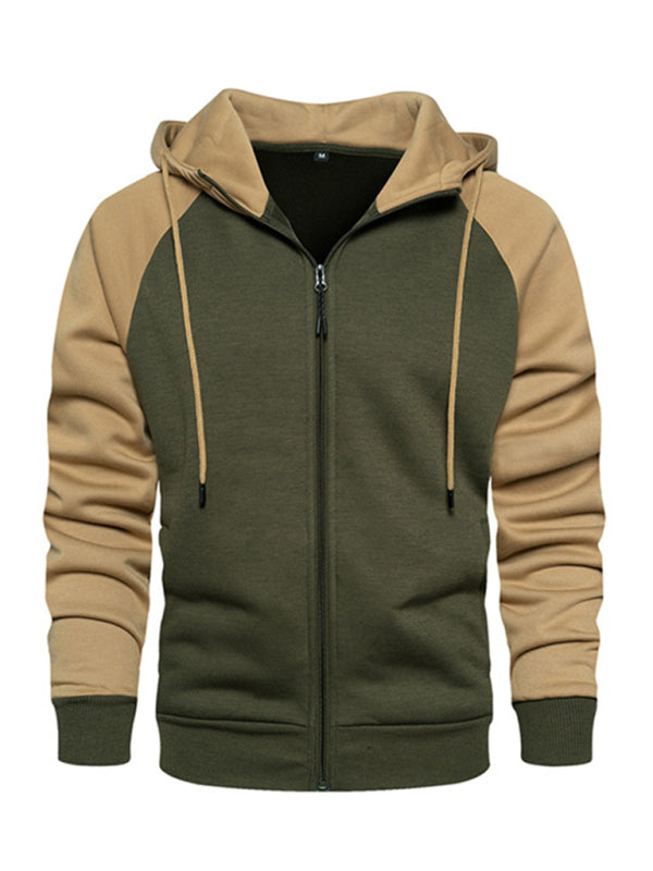 Men's casual contrasting color zipper cardigan hooded sweatshirt