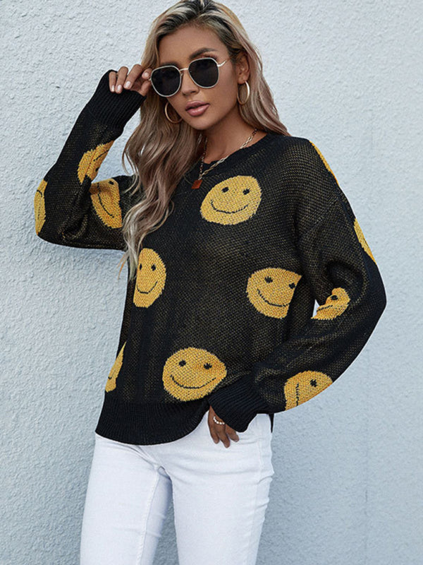 Women's Smiley Long Sleeve Black Sweater