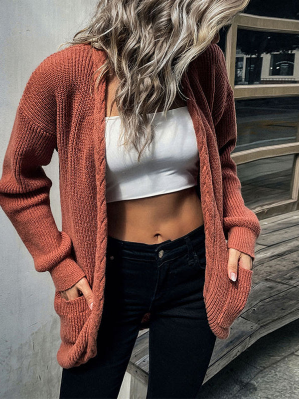 loose long sleeve twist solid color sweater cardigan