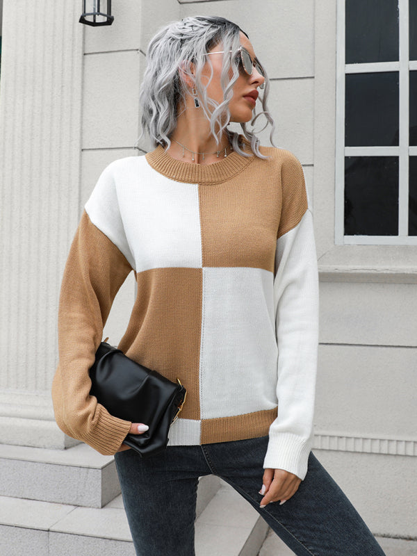 Women's chessboard Plaid loose long sleeve sweater