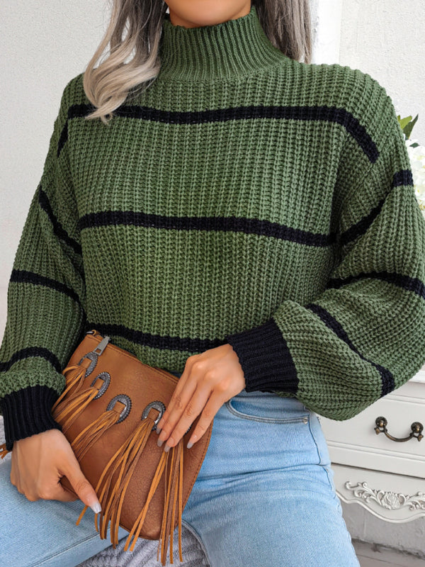 Women's casual stripe Lantern Sleeve half high neck knitted sweater