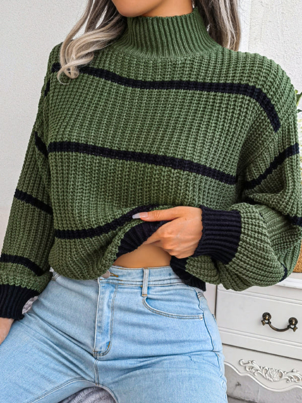 Women's casual stripe Lantern Sleeve half high neck knitted sweater