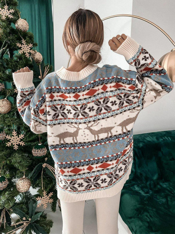 Women's Christmas Crew Neck Loose Jacquard Long Sleeve Sweater