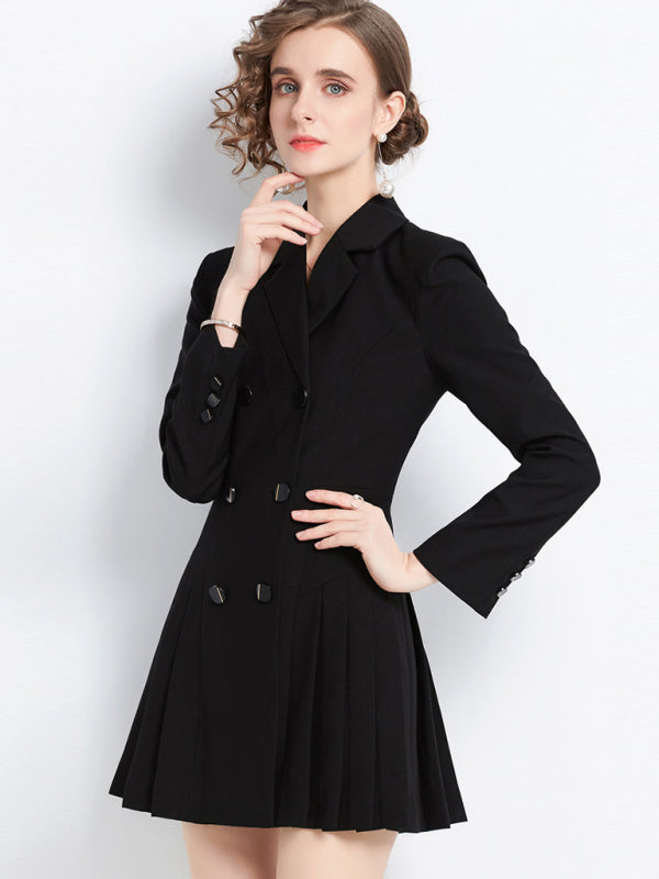 Women's long-sleeved suit collar double-breasted jacket dress