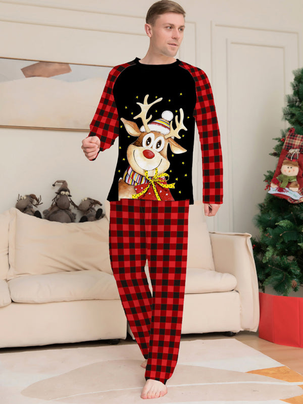 Cartoon deer plaid Christmas parent-child printed housewear pajamas