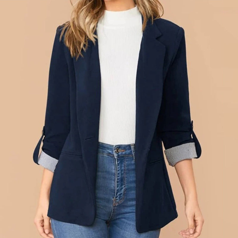 Women’s Solid Color With Roll Up Strip Print Sleeve Open Front Blazer
