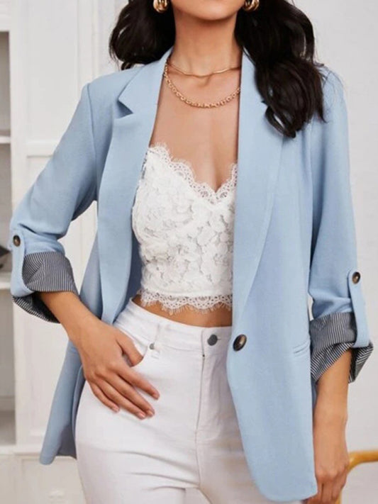 Women’s Solid Color With Roll Up Strip Print Sleeve Open Front Blazer
