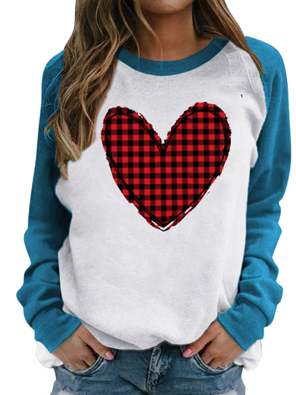 Valentine's Day Pink Heart Raglan Pullover Casual Printed Round Neck Top