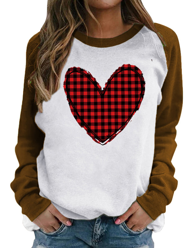 Valentine's Day Pink Heart Raglan Pullover Casual Printed Round Neck Top