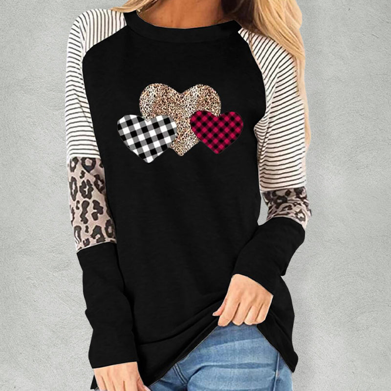 Women's Valentine's Day Long Sleeve Mosaic Peach Heart Casual Round Neck Loose Top