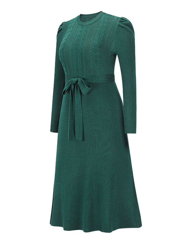 Women's wool knitted puff sleeve high waist mid length dress