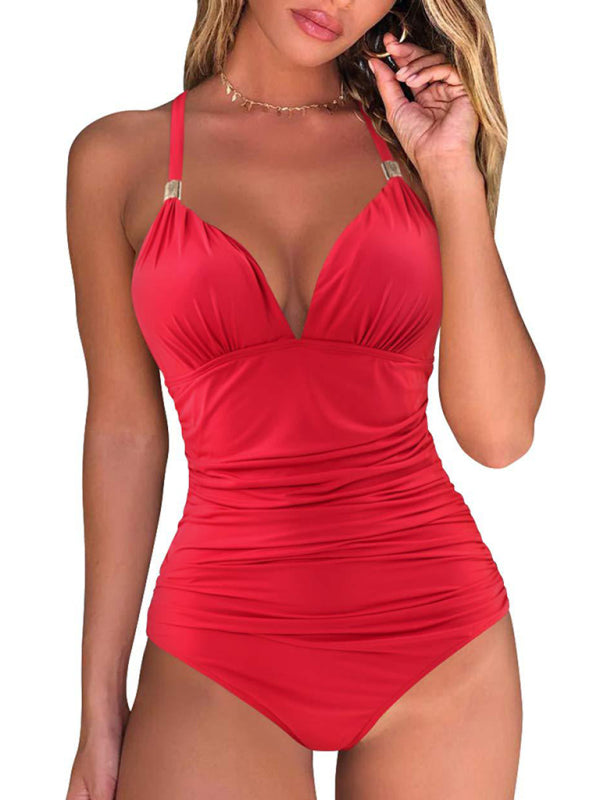 One Piece Swimsuit Conservative Leopard Print Halter Red Backless Swimsuit