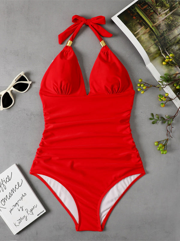 One Piece Swimsuit Conservative Leopard Print Halter Red Backless Swimsuit