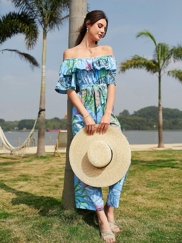 Women's woven one-shoulder chiffon floral resort jumpsuit