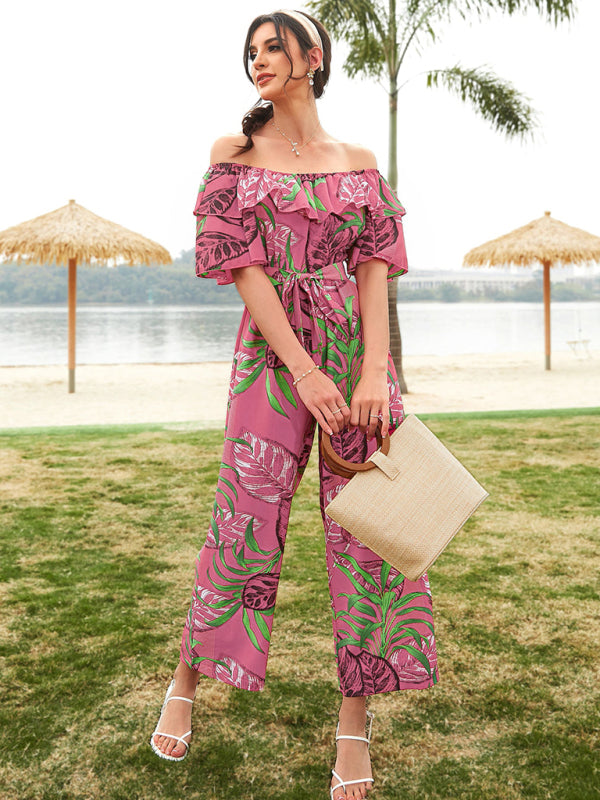 Women's woven one-shoulder chiffon floral resort jumpsuit