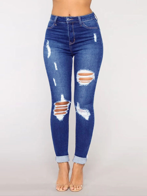 Women's trendy fashion ripped washed jeans