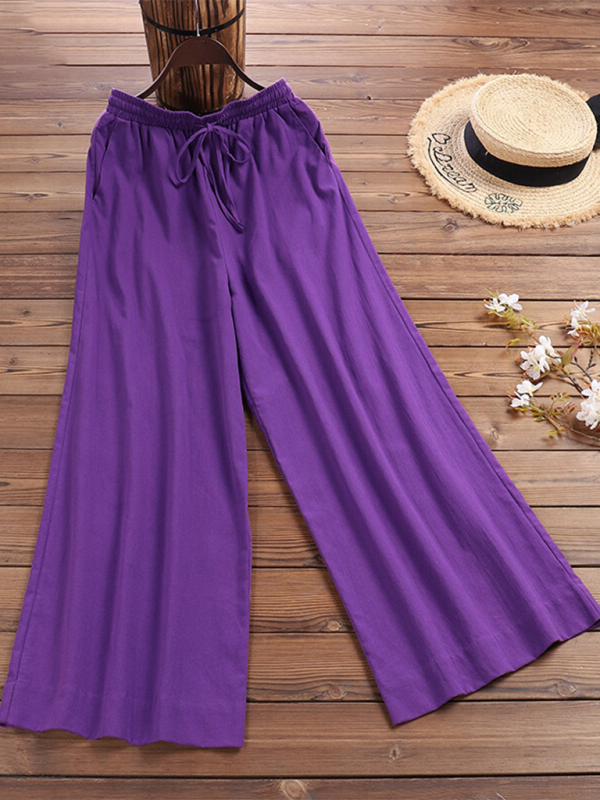 Women's solid color  linen loose wide-leg pants