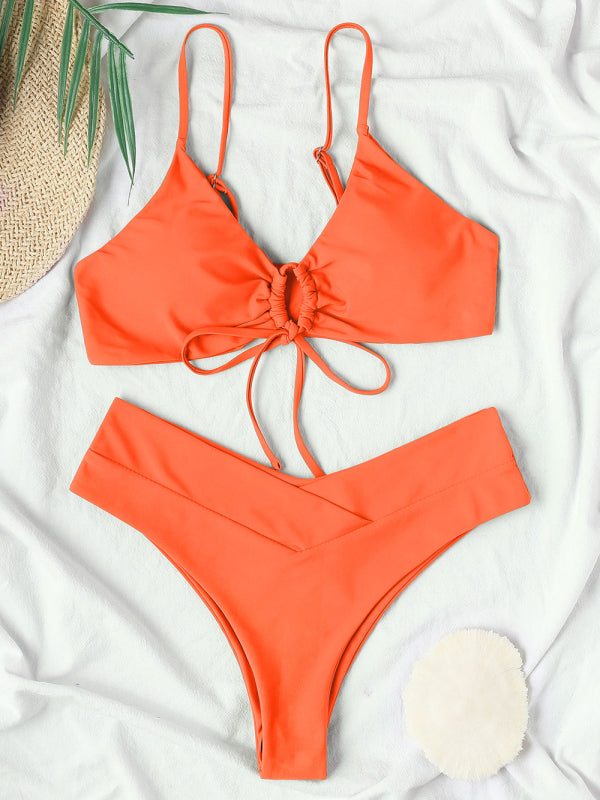 Women's Solid Color Textured Underwire Bikini And Button Set