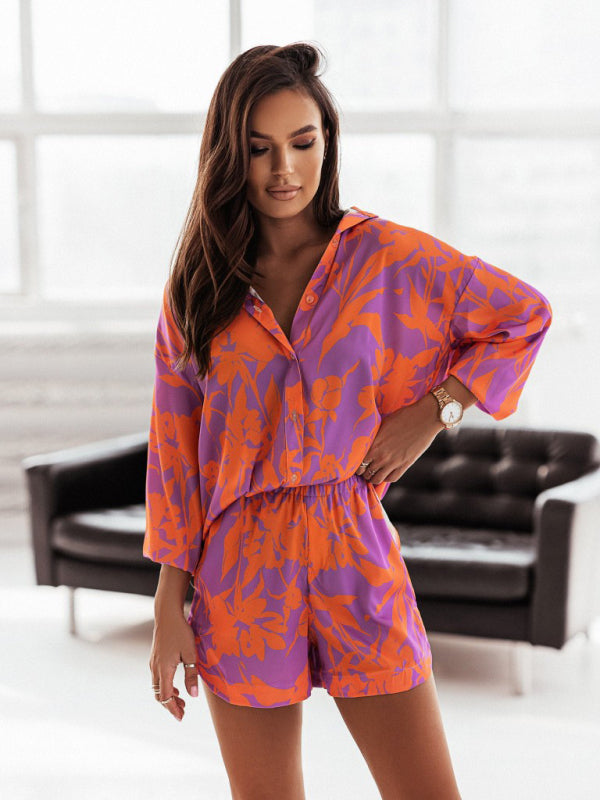 Women's Bright Printed Long Sleeve Notch Collar Top And Short Set