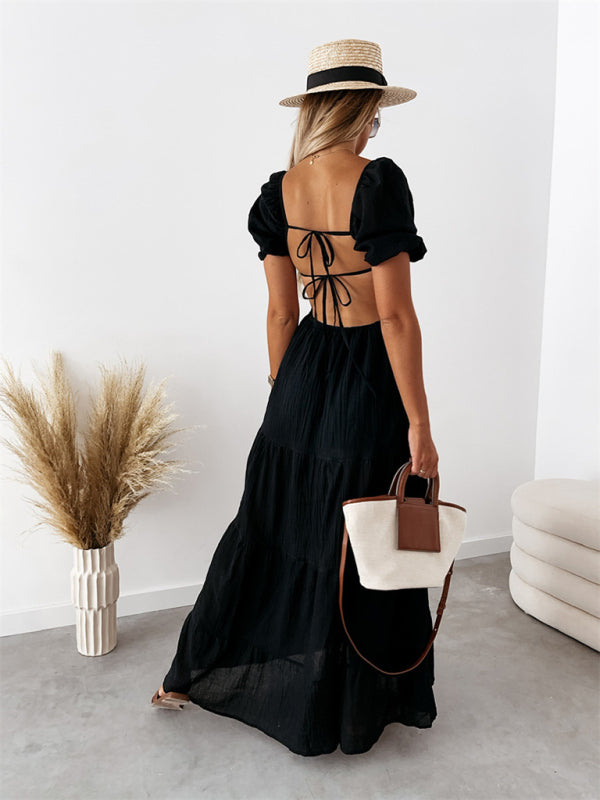 New style short-sleeved off-the-shoulder solid color backless strappy commuter high-waisted dress