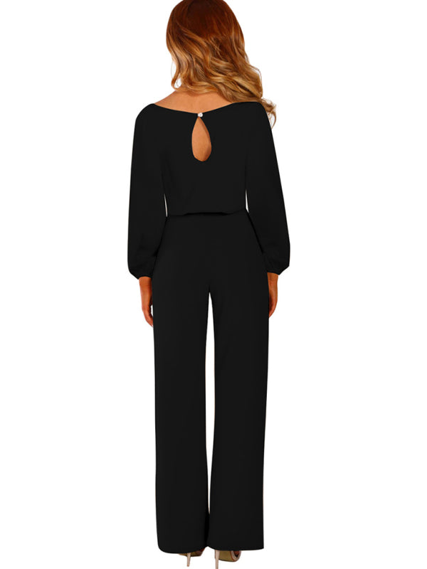 Women's woven simple and elegant long-sleeved waist jumpsuit