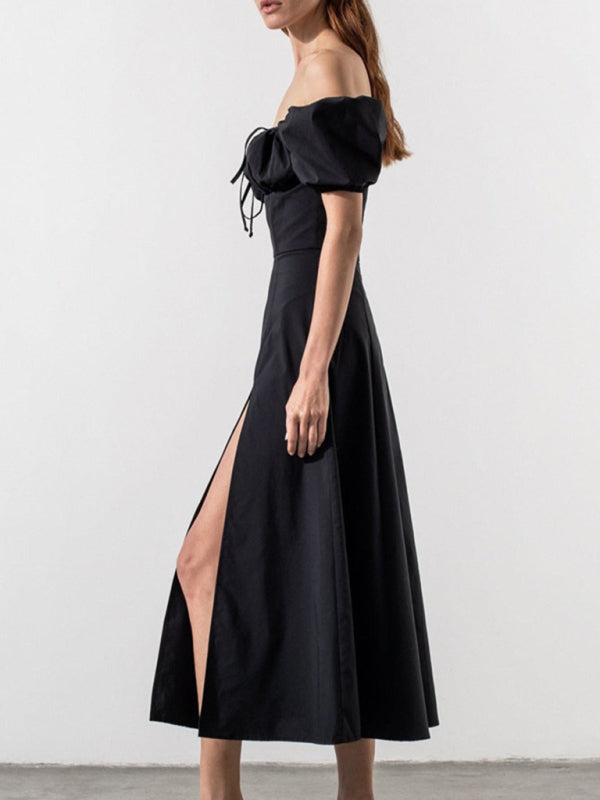 Women's Solid Color  Puff-sleeve Tie Neck Front Off-the-shoulder Satin Maxi Dress