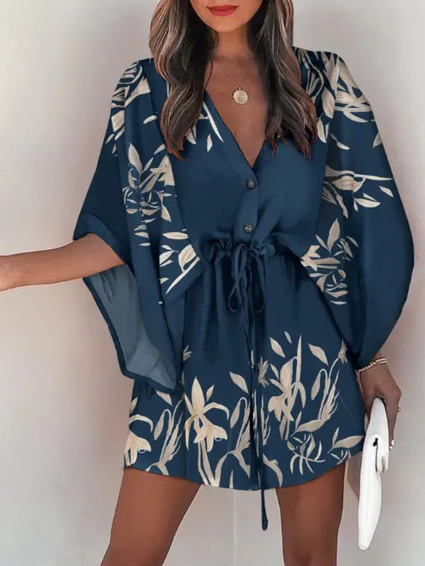 Women's Beach Dolman Half Sleeve V-neck Floral Print Adjustable Dress