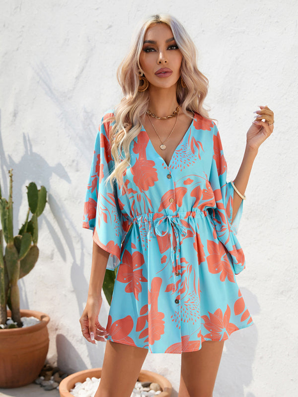 Women's Beach Dolman Half Sleeve V-neck Floral Print Adjustable Dress