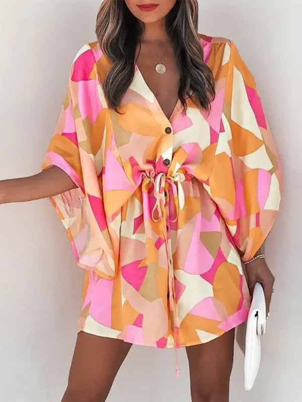 Women's Beach Dolman Half Sleeve V-neck Floral Print Adjustable Dress