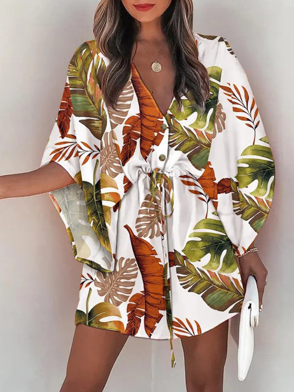 Women's Beach Dolman Half Sleeve V-neck Floral Print Adjustable Dress