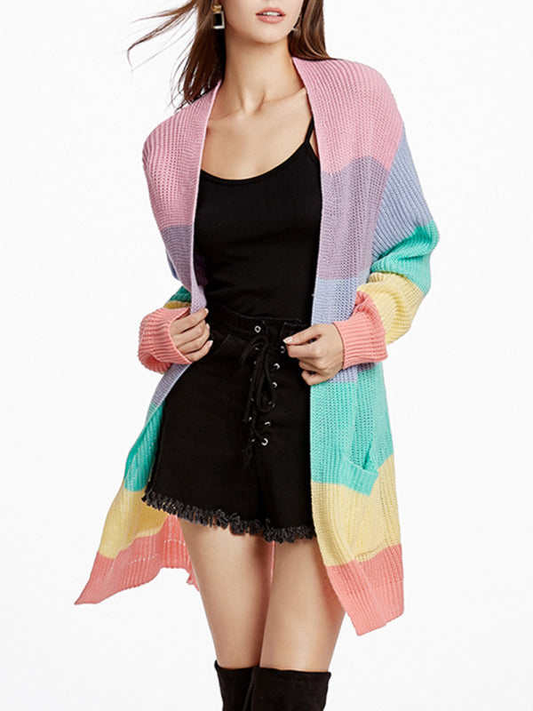 New Rainbow Color Loose Long Knit Cardigan Ladies Sweater Jacket