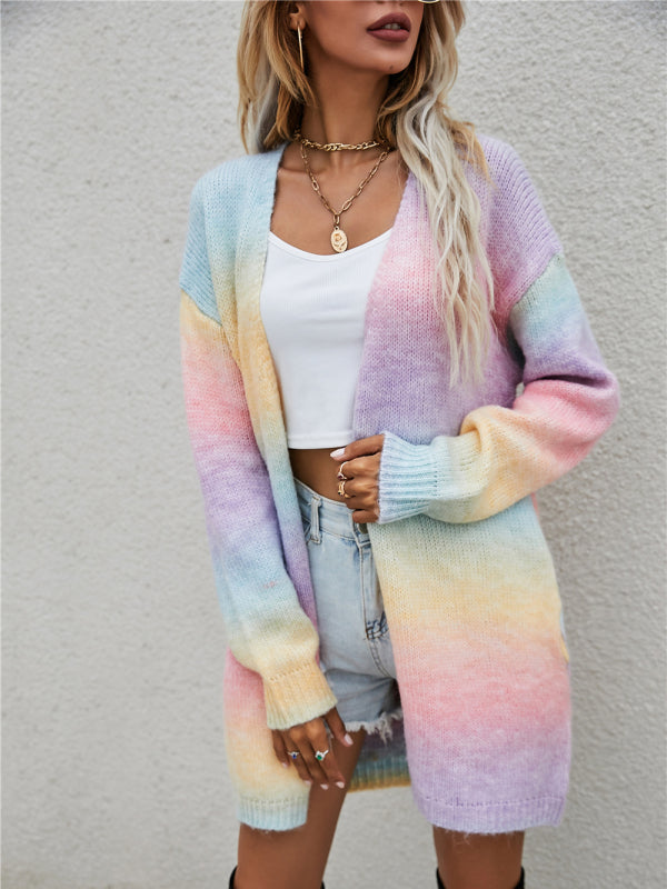 Sweater Rainbow Tie-Dye Mid-Length Oversized Cardigan Pocket Knit Jacket