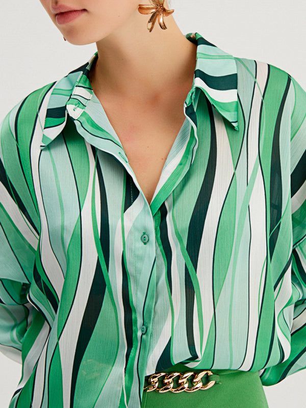 Shirt Vertical Stripe Loose Cardigan Digital Printing Personality Street Shirt