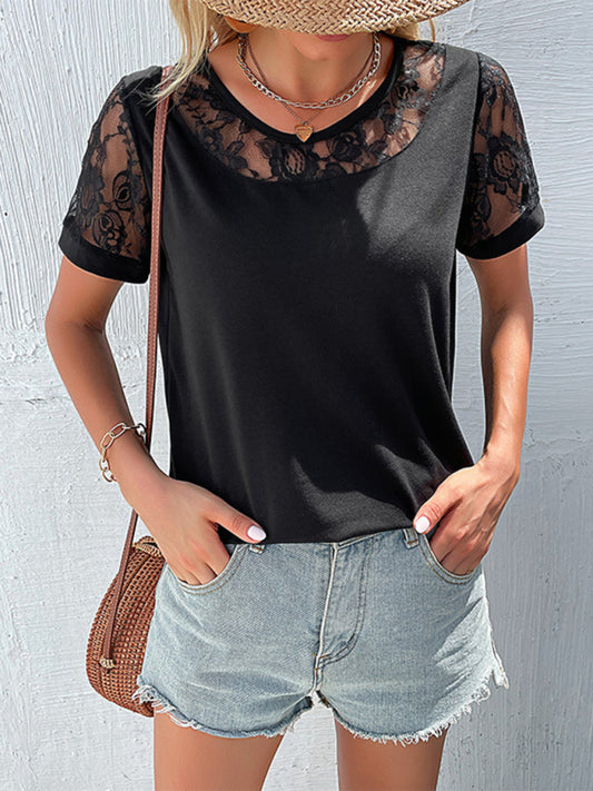 Women's lace hollow stitching top short-sleeved t-shirt