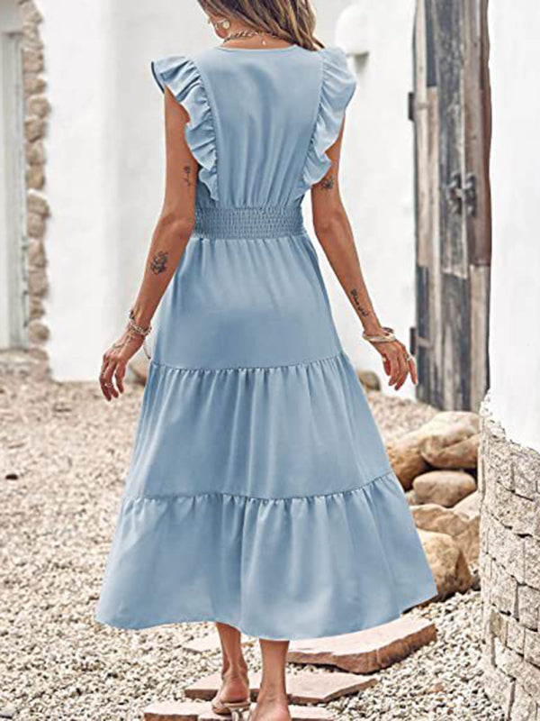 New style sleeveless V-neck waist pleated dress with wooden ears