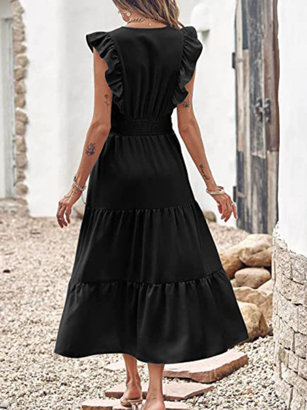 New style sleeveless V-neck waist pleated dress with wooden ears