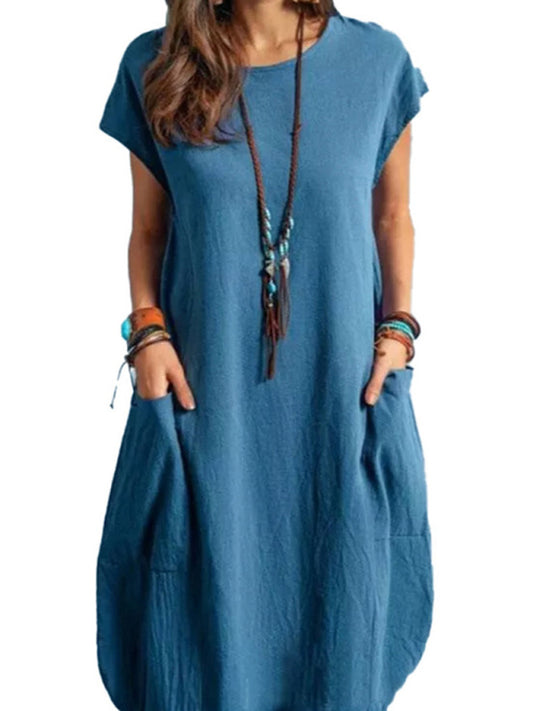 Cotton Linen Loose Casual Solid Color Pocket Dress For Women